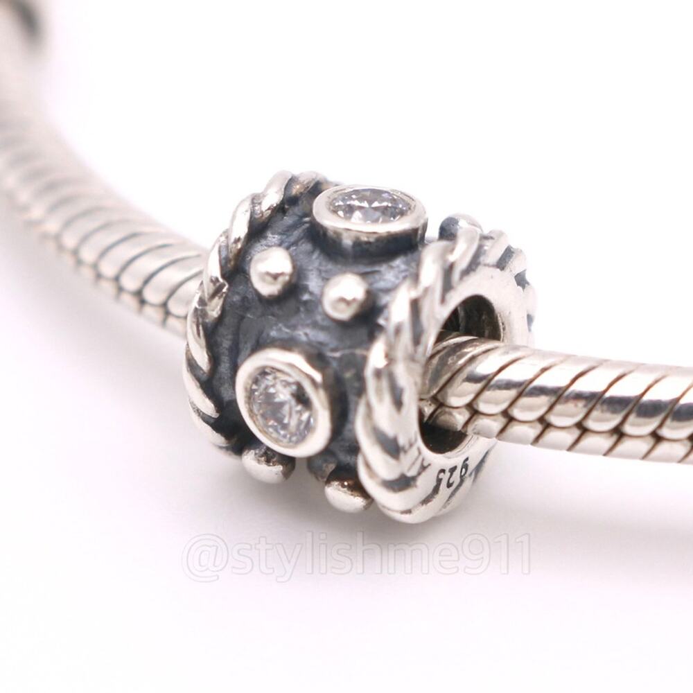 Authentic PANDORA Sterling Silver Abstract Oxidized Charm with cubic zirconia